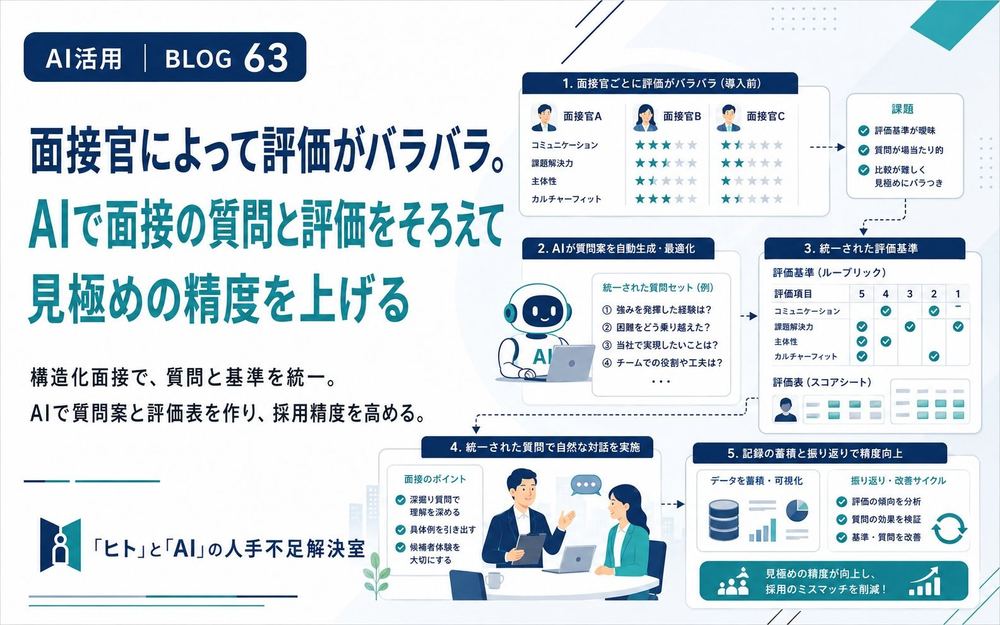 面接官によって評価がバラバラ。AIで面接の質問と評価をそろえて見極めの精度を上げる