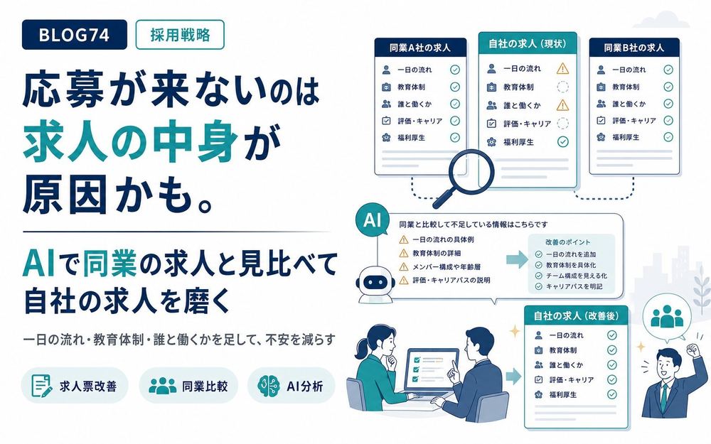 応募が来ないのは求人の中身が原因かも。AIで同業の求人と見比べて自社の求人を磨く